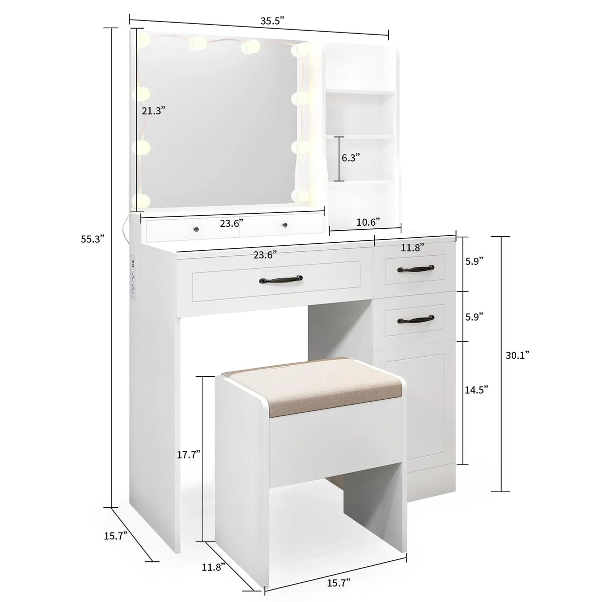 Coiffeuse RichYa avec miroir lumineux, prise électrique, tiroirs et armoire pour chambre à coucher, blanc