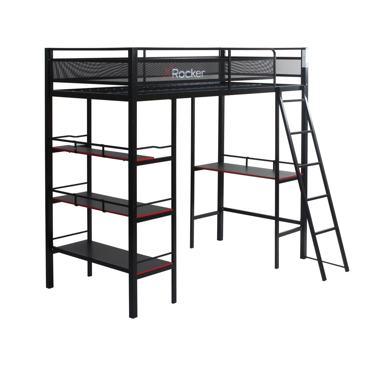 Lit superposé gaming X Rocker Fortress avec bureau et étagères, 1 place, noir/rouge, lit mezzanine, enfants, adolescents