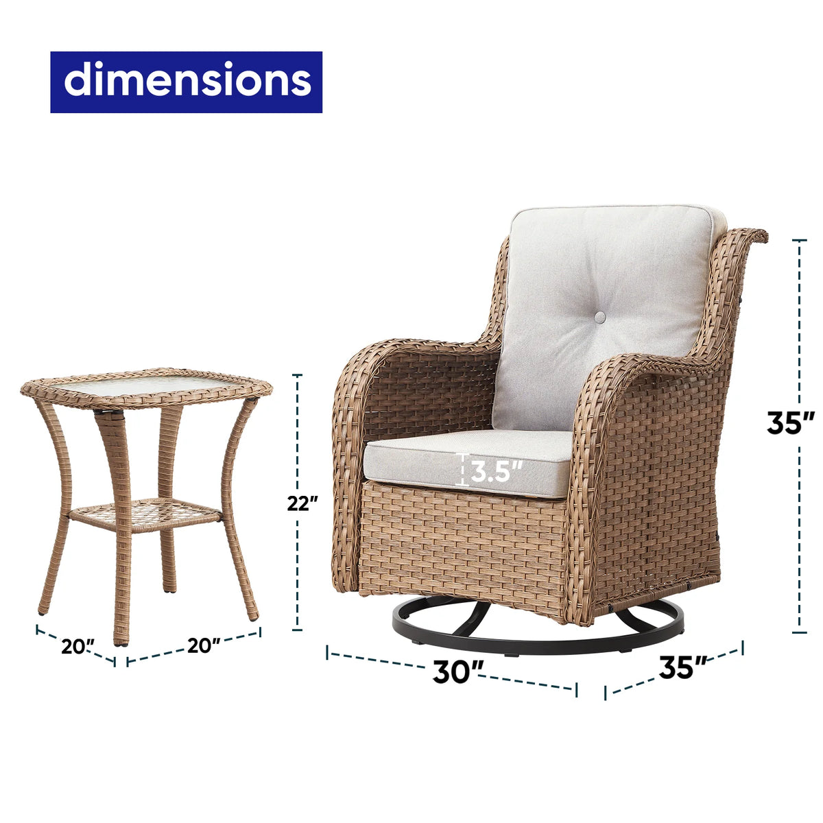 POCASSY Salon de Jardin 3 Pièces en Rotin Tressé Fauteuils Berçants et Pivotants avec Coussins