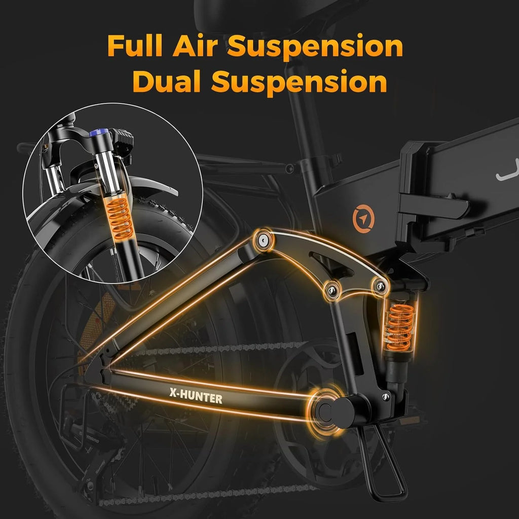 Vélo électrique Jasion X-Hunter pour adultes, vélo électrique avec moteur de 750 W et batterie amovible 48 V 13 Ah, vélo électrique pliant avec pneus larges 20 x 4,0, suspension intégrale, 7 vitesses