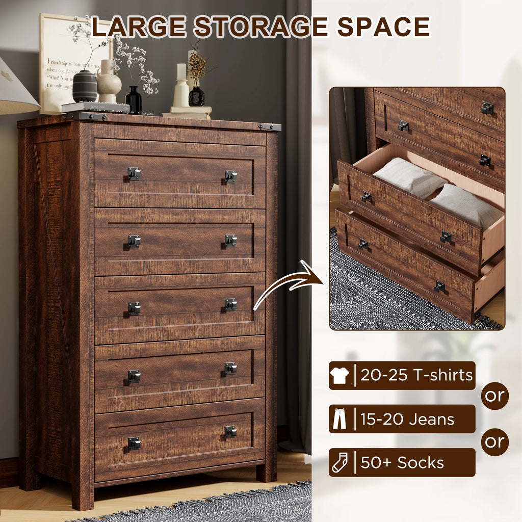 Commode Keywhat Farmhouse à 5 tiroirs pour chambre, meuble de rangement en bois pour salon, blanc antique