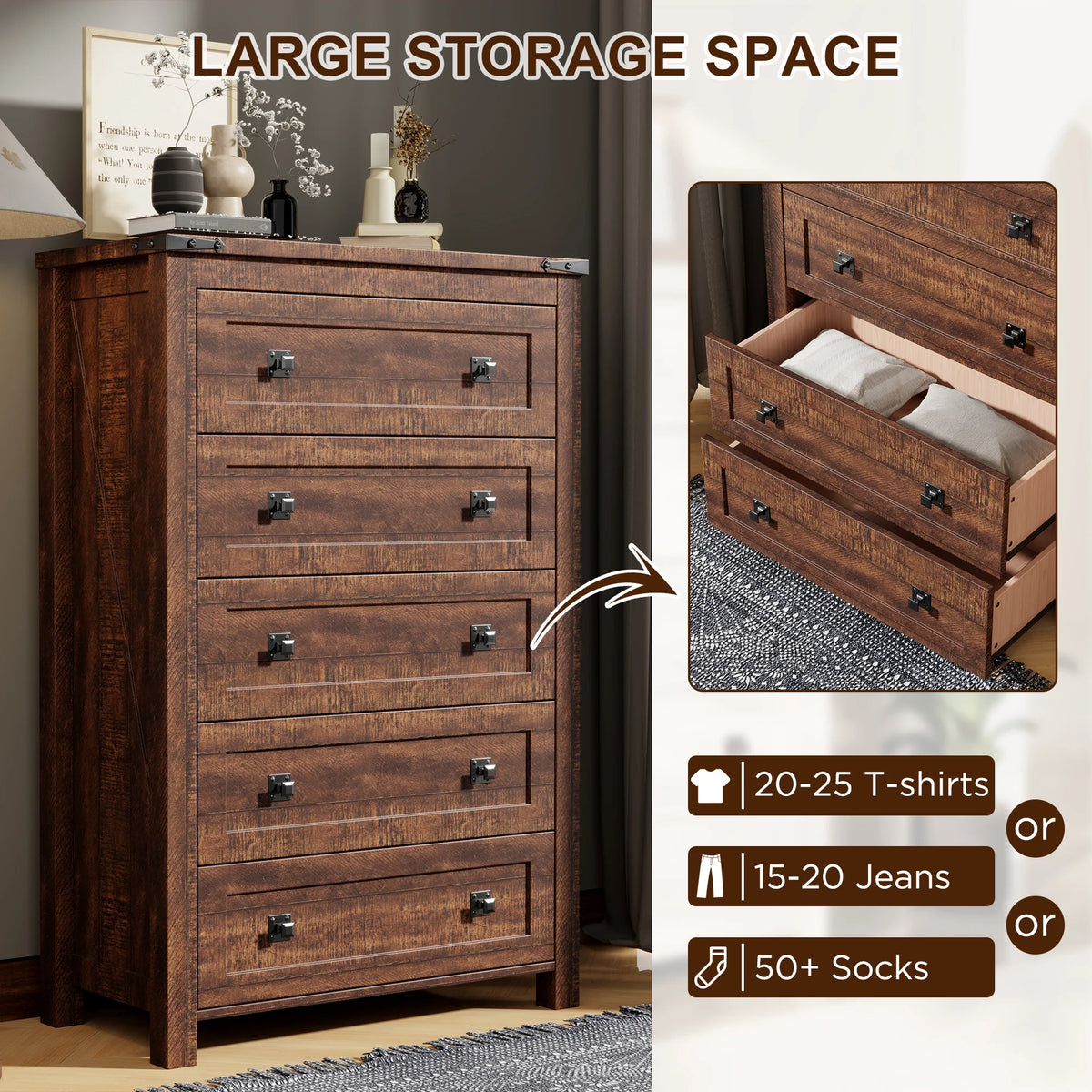 Commode Keywhat Farmhouse à 5 tiroirs pour chambre, meuble de rangement en bois pour salon, blanc antique