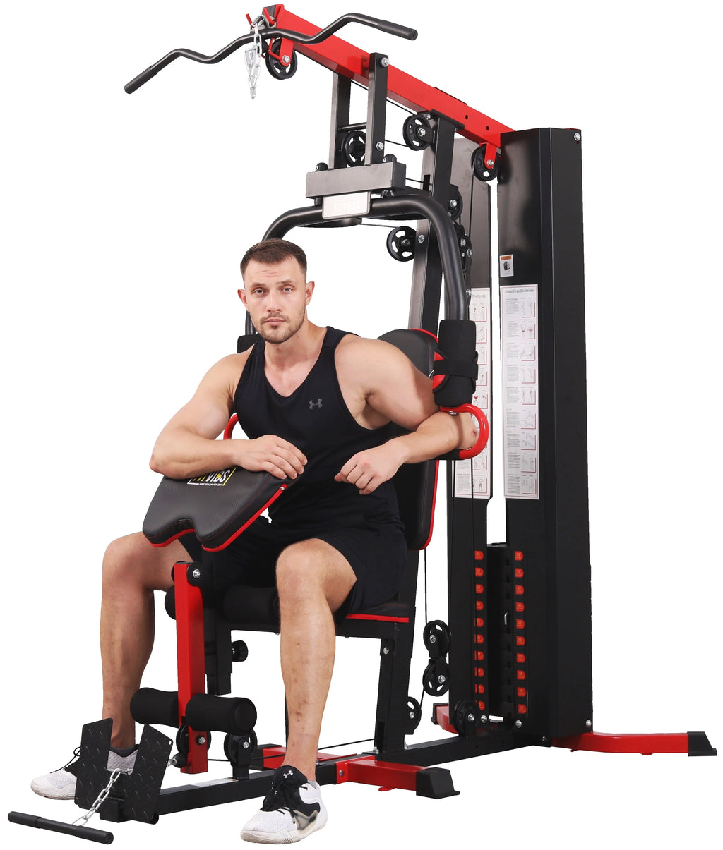 Système de musculation à domicile Fitvids LX750 avec 150 kg de résistance, colonne de poids de 55 kg, une station, livré avec une vidéo d’instructions d’installation, expédié en 5 colis