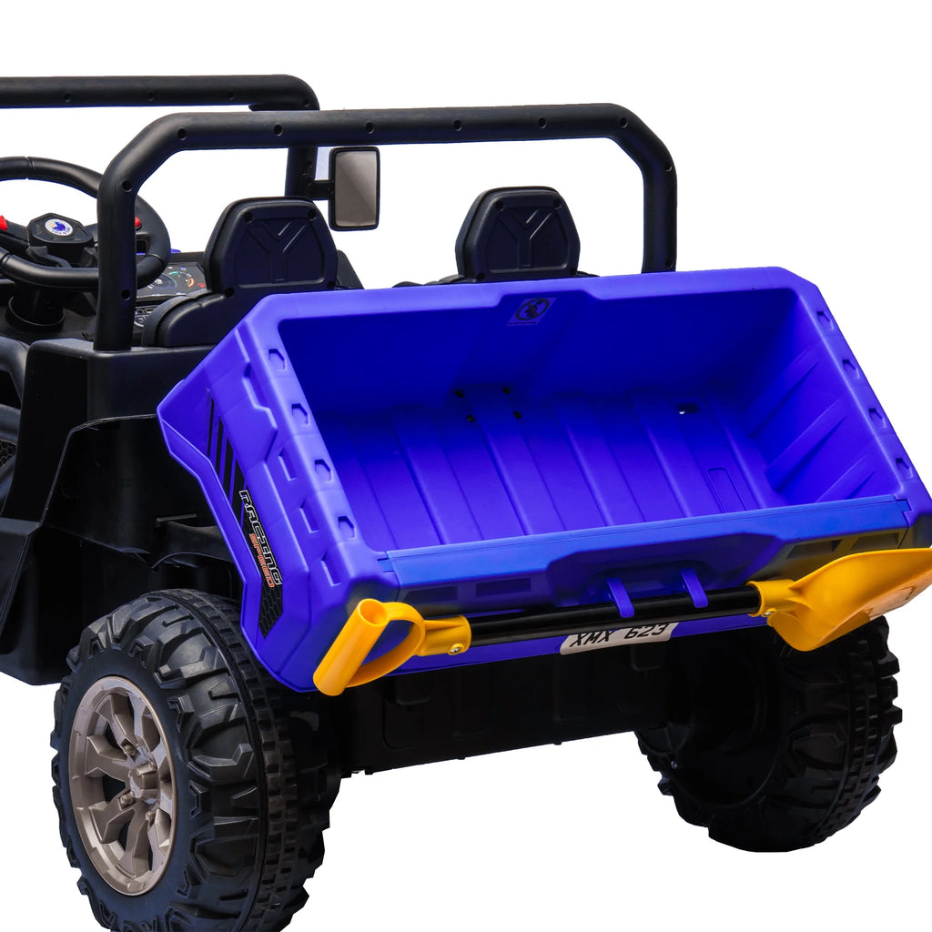 Xuanlur Voiture électrique pour enfants 24V 2 places, UTV avec moteur 2x200W, Jouet électrique 24 volts avec benne/pelle, Voiture électrique pour enfants avec pneus résistants, lumière LED, musique, télécommande, noire