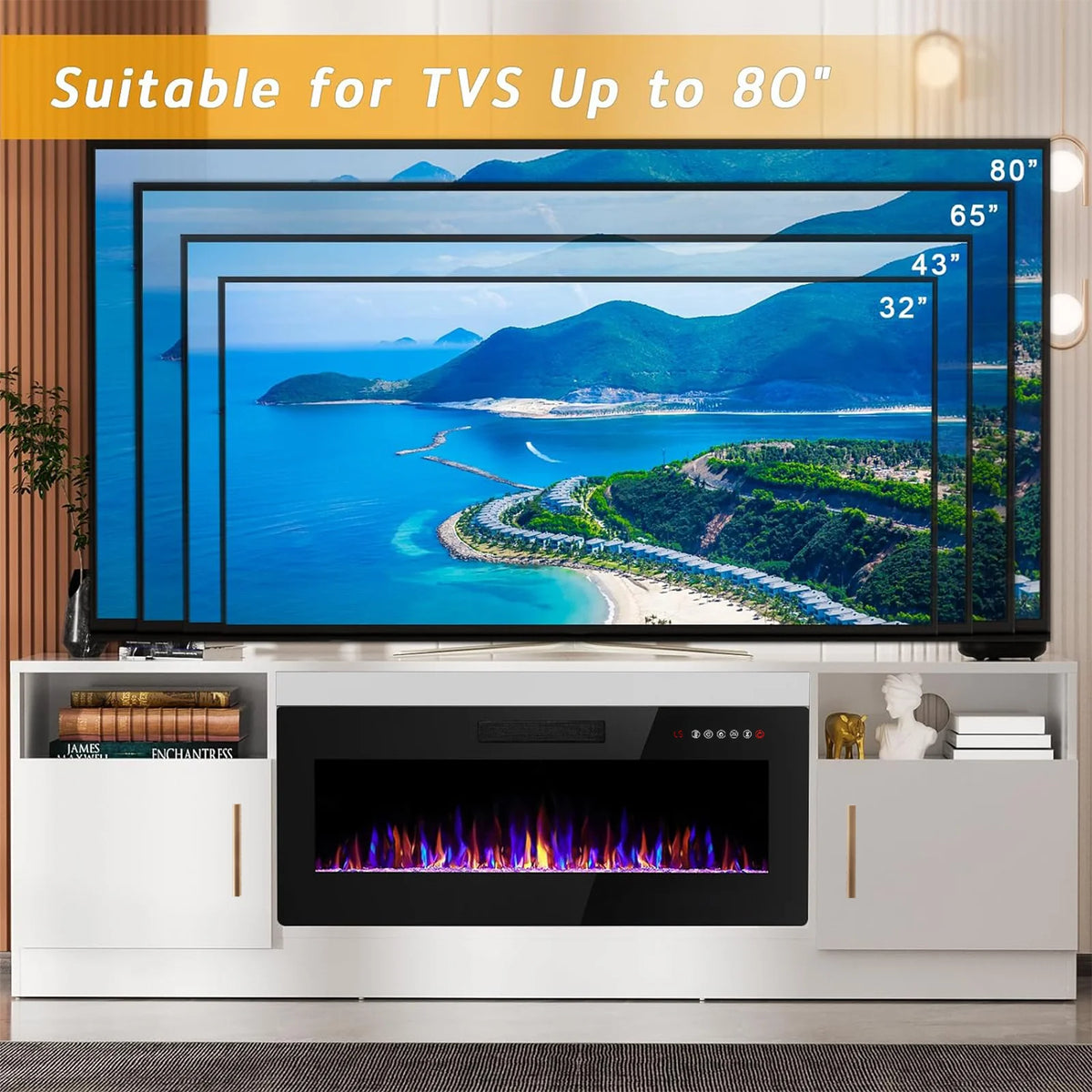 Meuble TV avec cheminée Waleaf avec cheminée électrique de 36 pouces pour téléviseurs jusqu’à 80 pouces, console multimédia moderne en bois avec meuble éclairé, blanc