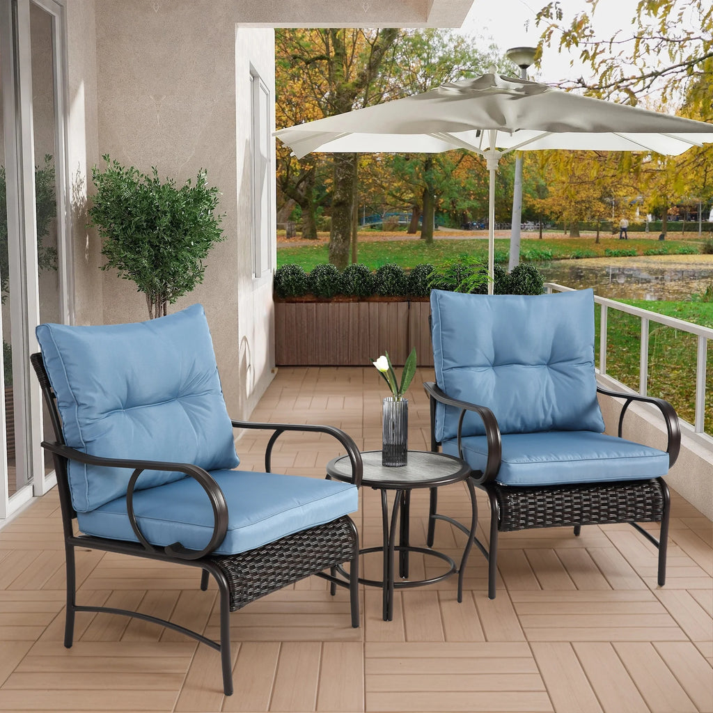 Ensemble de salon de jardin Villeston 3 pièces en résine tressée, avec 2 chaises et une table pour terrasse ou jardin, bleu