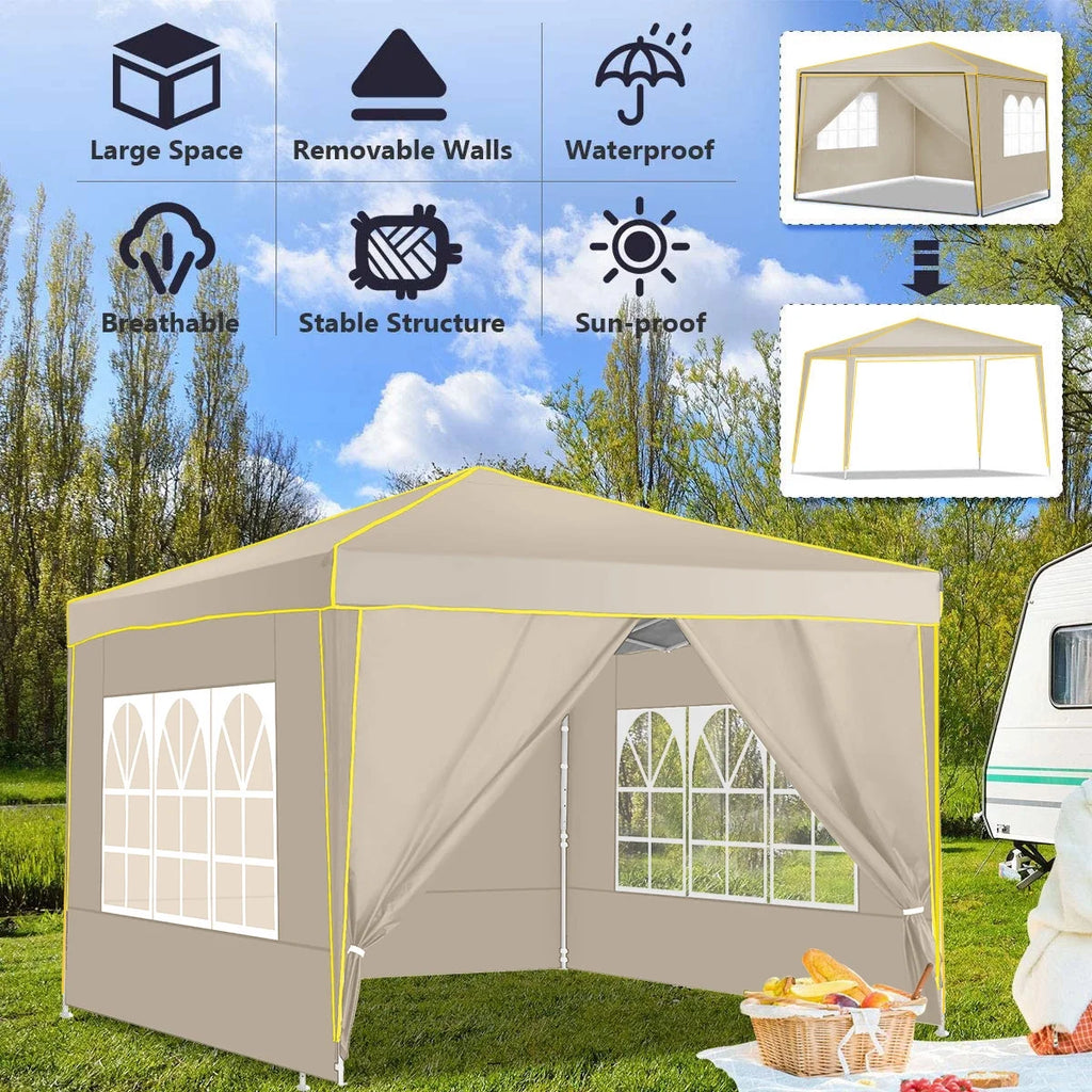 HOTEEL Chapiteau pop-up 10x10 avec murs latéraux, Tente imperméable pour fêtes et événements de mariage, Gazébo d'extérieur instantané avec sac de transport, piquets, cordes et sacs de sable, Noir