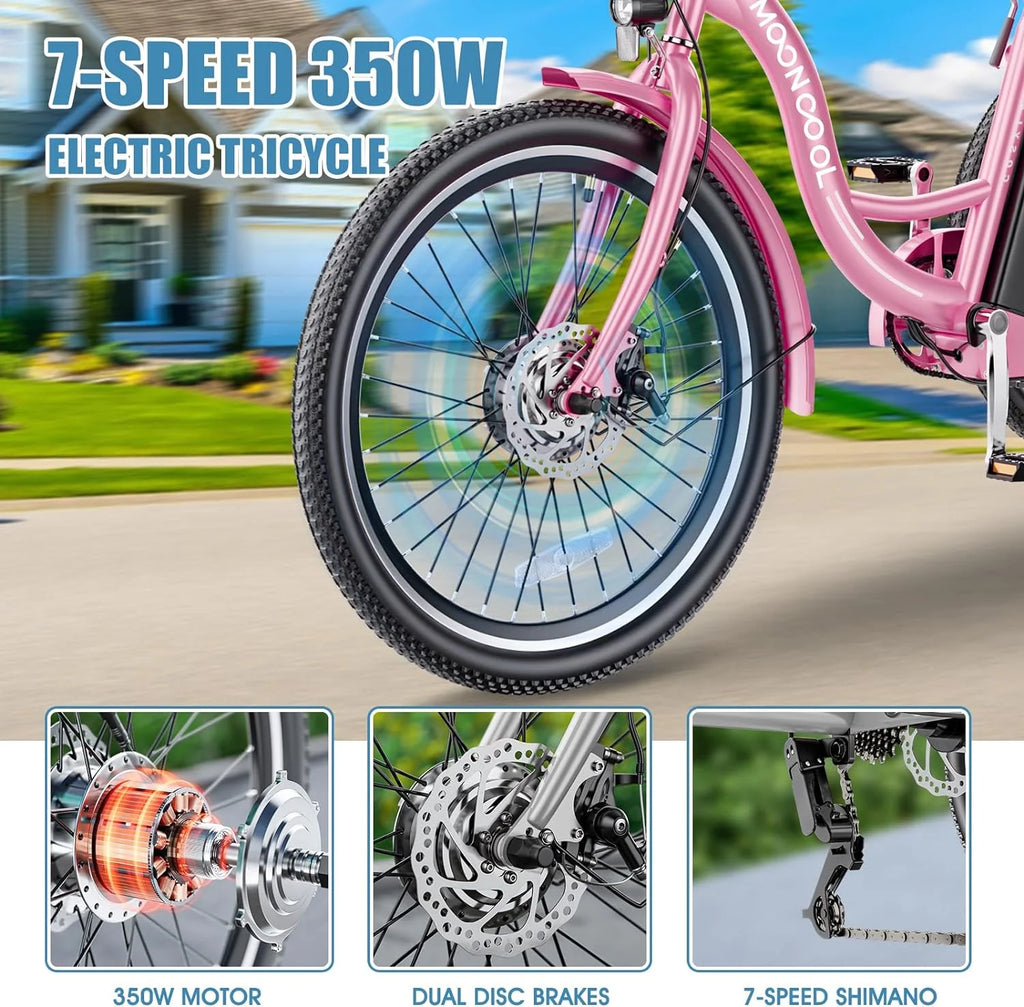 Tricycles électriques ABORON 24 26, batterie au lithium 36 V 10 Ah 350 W, triporteur électrique 7 vitesses pour adultes avec grand panier arrière et siège réglable