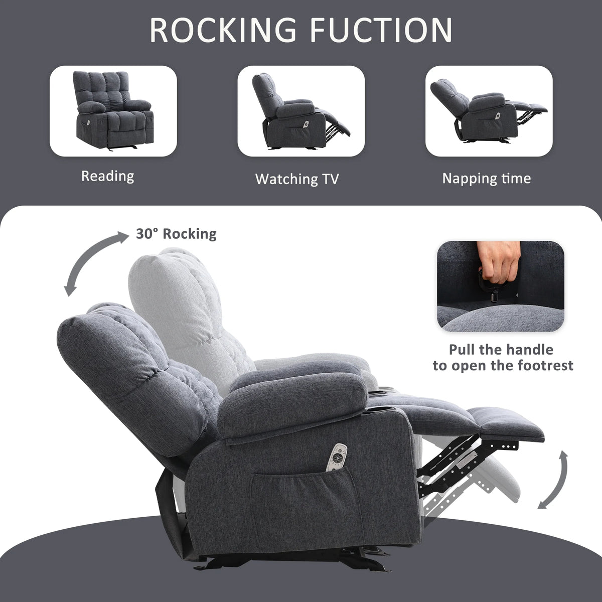 Fauteuil inclinable manuel JONPONY avec fonction de massage et de chauffage, mécanisme d’inclinaison robuste, fauteuil à bascule individuel pour personnes âgées avec porte-gobelets, pour chambre et salle de cinéma maison, gris