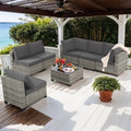 Salon de jardin Ainfox 7 pièces en promotion, canapé en rotin gris avec coussins gris