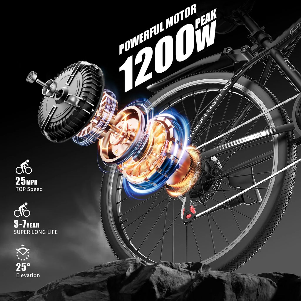 Vélo électrique tout-terrain G28-1200W Peak 26 pour adultes, vélo électrique tout-terrain 48V (batterie amovible, autonomie de plus de 45 mi, écran LCD, capacité de 330 lb, pneus à air – certifié UL2849, pour camping et sentiers)