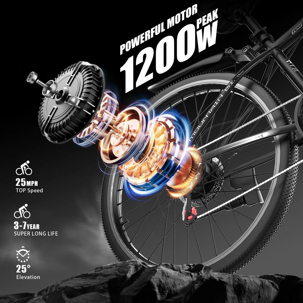 Vélo électrique tout-terrain G28-1200W Peak 26 pour adultes, vélo électrique tout-terrain 48V (batterie amovible, autonomie de plus de 45 mi, écran LCD, capacité de 330 lb, pneus à air – certifié UL2849, pour camping et sentiers)