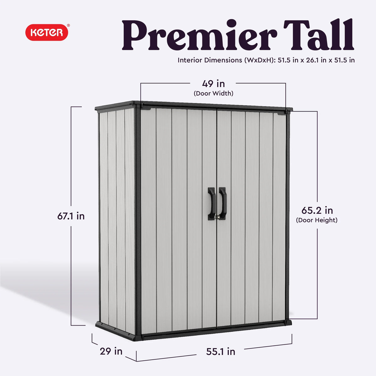Keter Premier Abri de rangement vertical haut et robuste en résine pour l'extérieur, avec plancher et portes doubles verrouillables, Gris