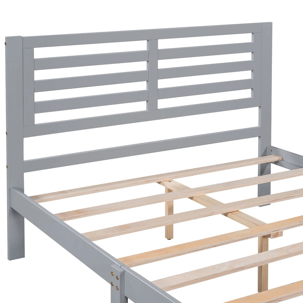 Cadre de lit plateforme avec rangement et tête de lit, cadre de lit double en bois de pin pour chambre, style moderne, avec tiroirs, lattes en bois, support jusqu’à 181 kg, sans sommier requis, gris