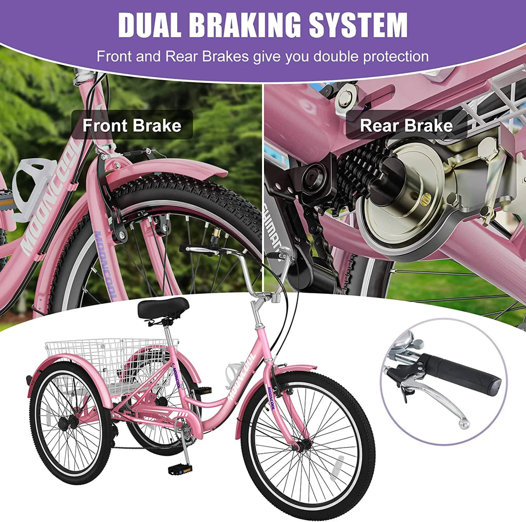 Tricycles pour adultes MOONCOOL avec panier arrière et pompe à pied, vélos à 3 roues 7 vitesses de 24 et 26 pouces, vélo à trois roues pour adultes avec dossier pour seniors, femmes et hommes