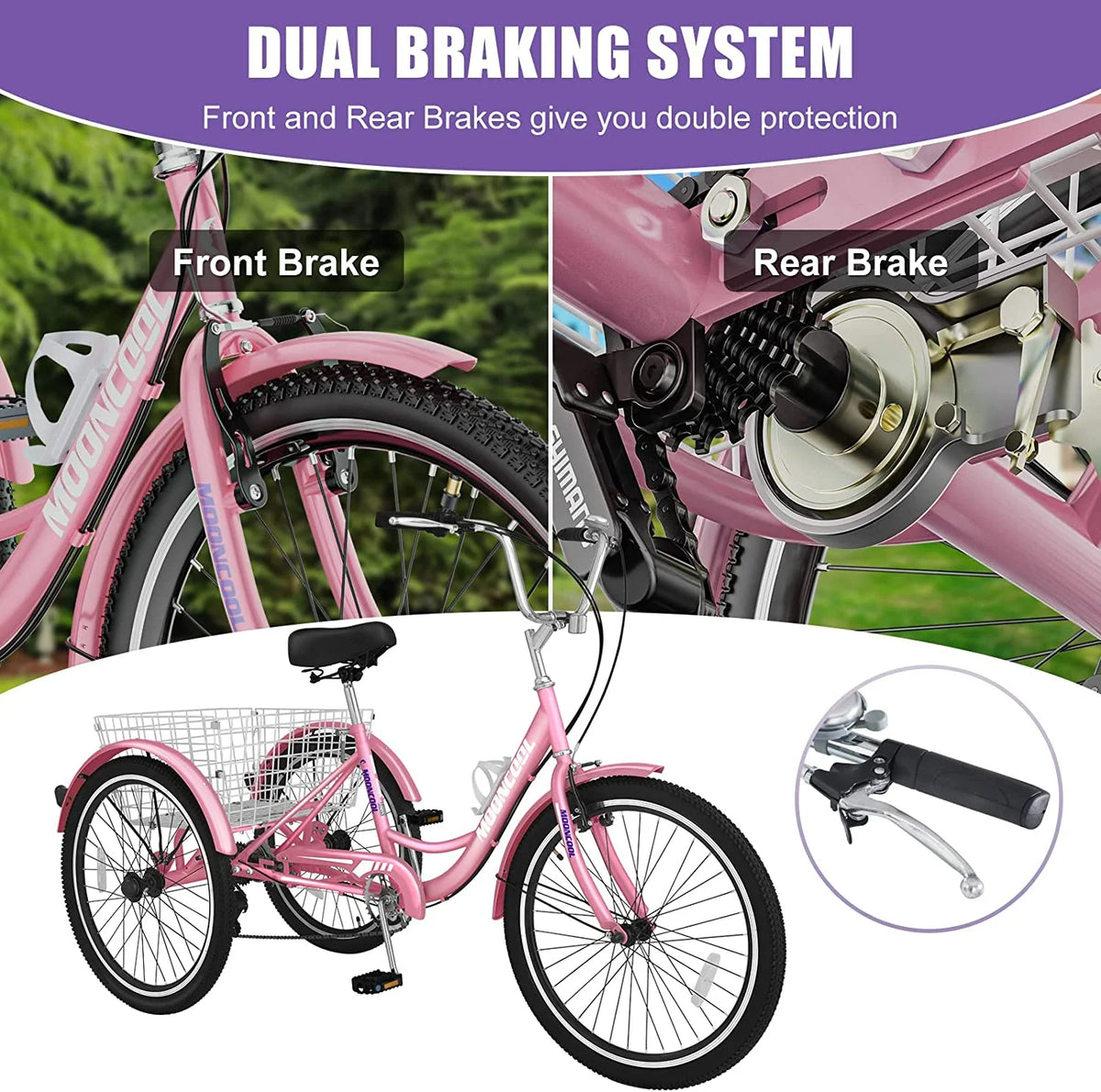 Tricycles pour adultes MOONCOOL avec panier arrière et pompe à pied, vélos à 3 roues 7 vitesses de 24 et 26 pouces, vélo à trois roues pour adultes avec dossier pour seniors, femmes et hommes