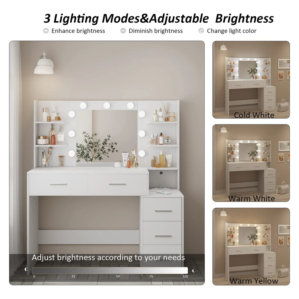 Coiffeuse de maquillage avec miroir et éclairage, 3 couleurs de lumière, table de toilette pour chambre avec station de charge, coiffeuse blanche avec 5 tiroirs de rangement et étagères ouvertes