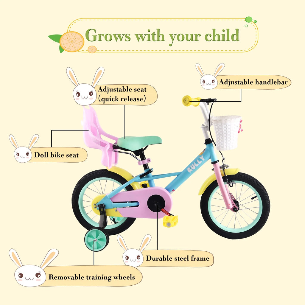 Vélo enfant RULLY 14 pour filles de 3, 4 et 5 ans mesurant 89 à 119 cm, vélo pour petite fille avec roues d’apprentissage, siège pour poupée et frein à pédales, vélo arc-en-ciel, couleurs pastel