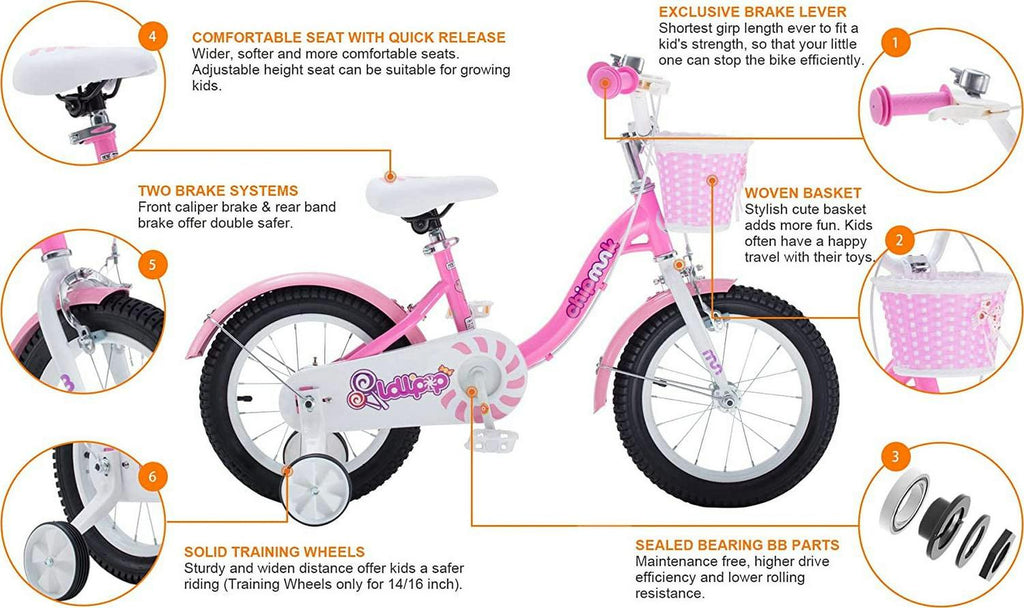 Vélo pour fille RoyalBaby Chipmunk avec panier et roues d’apprentissage, 14 pouces, rose sucette