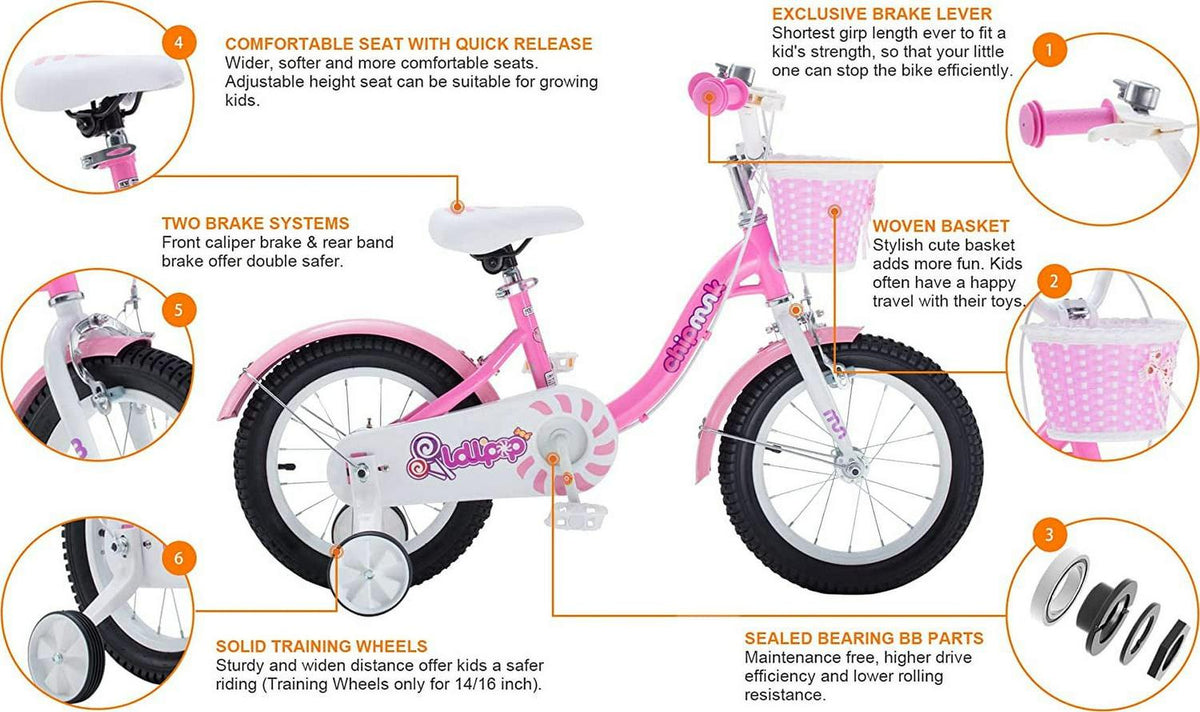 Vélo pour fille RoyalBaby Chipmunk avec panier et roues d’apprentissage, 14 pouces, rose sucette