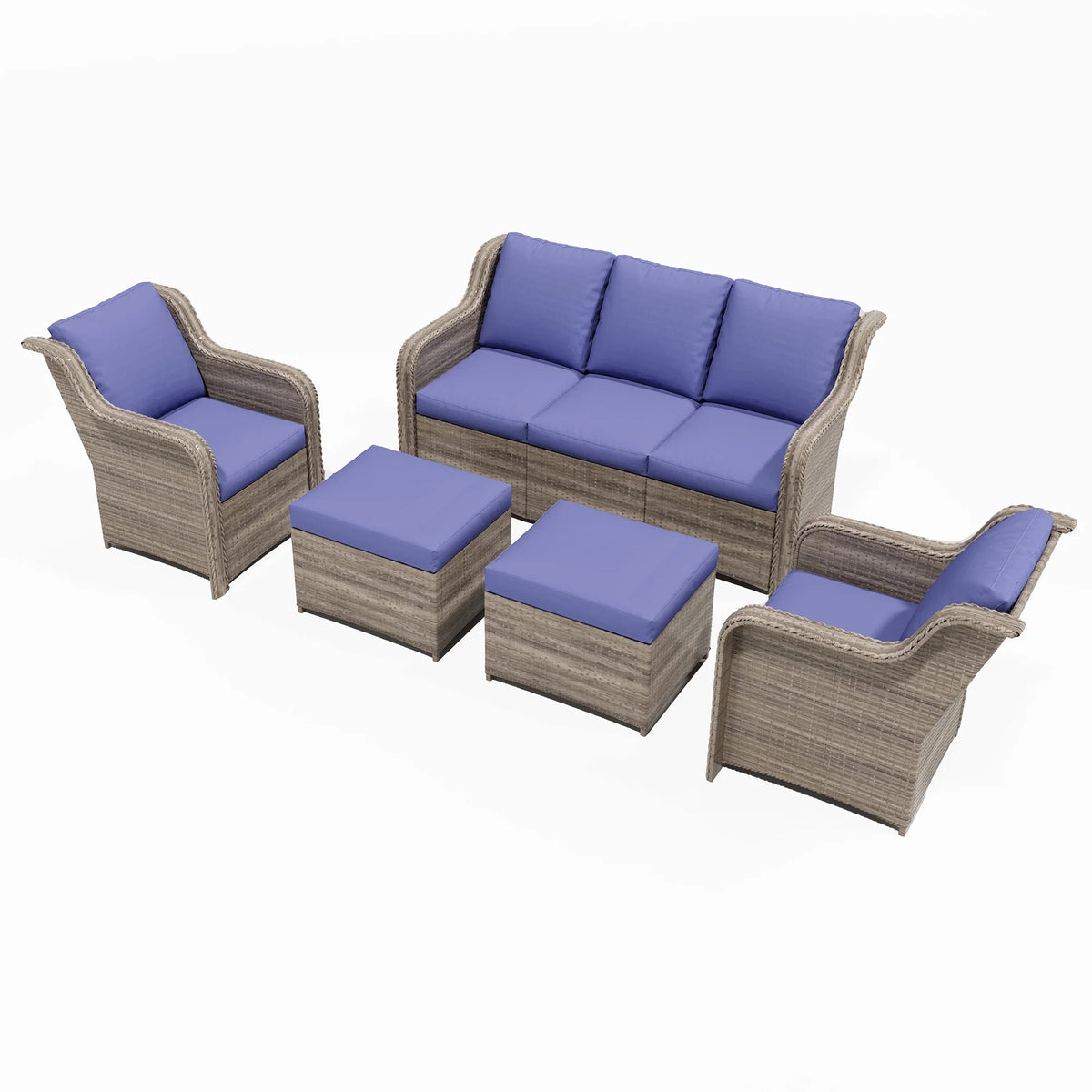 Salon de jardin Ainfox 7 pièces en promotion, canapé en rotin gris avec coussins gris