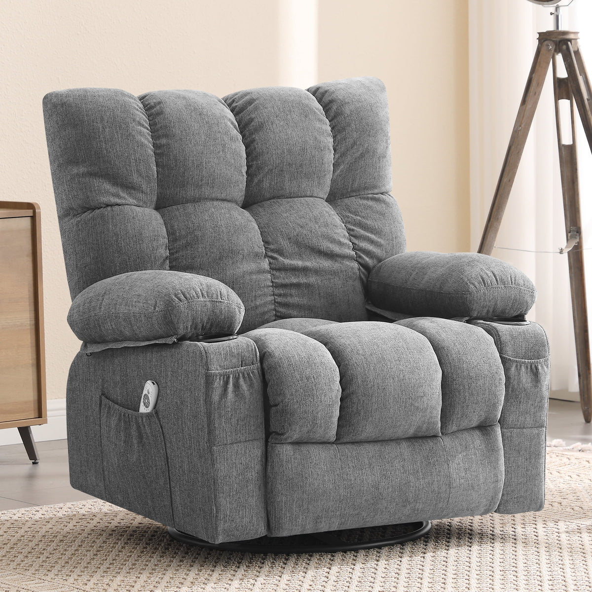 Fauteuil inclinable manuel JONPONY avec fonction de massage et de chauffage, mécanisme d’inclinaison robuste, fauteuil à bascule individuel pour personnes âgées avec porte-gobelets, pour chambre et salle de cinéma maison, gris