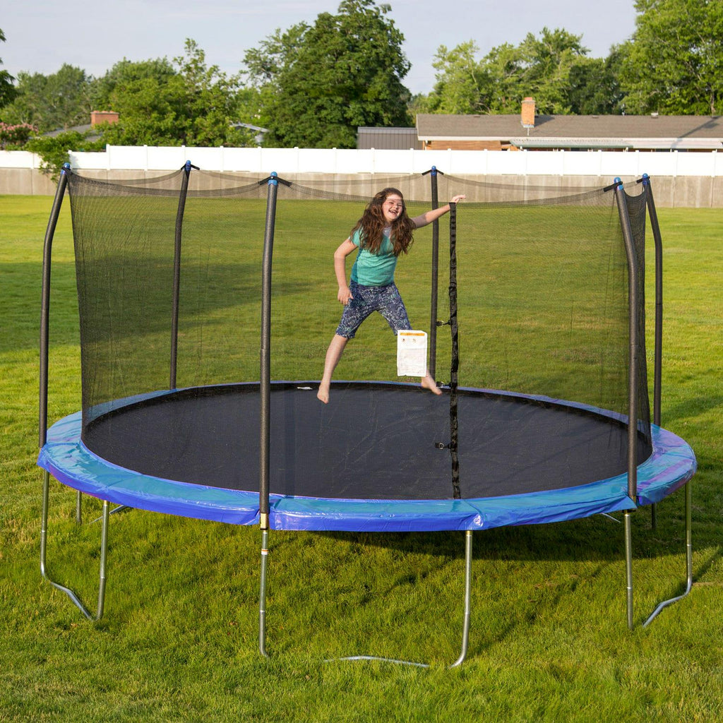 Trampoline rond Skywalker de 16 pieds avec filet et piquets coupe-vent - Bleu