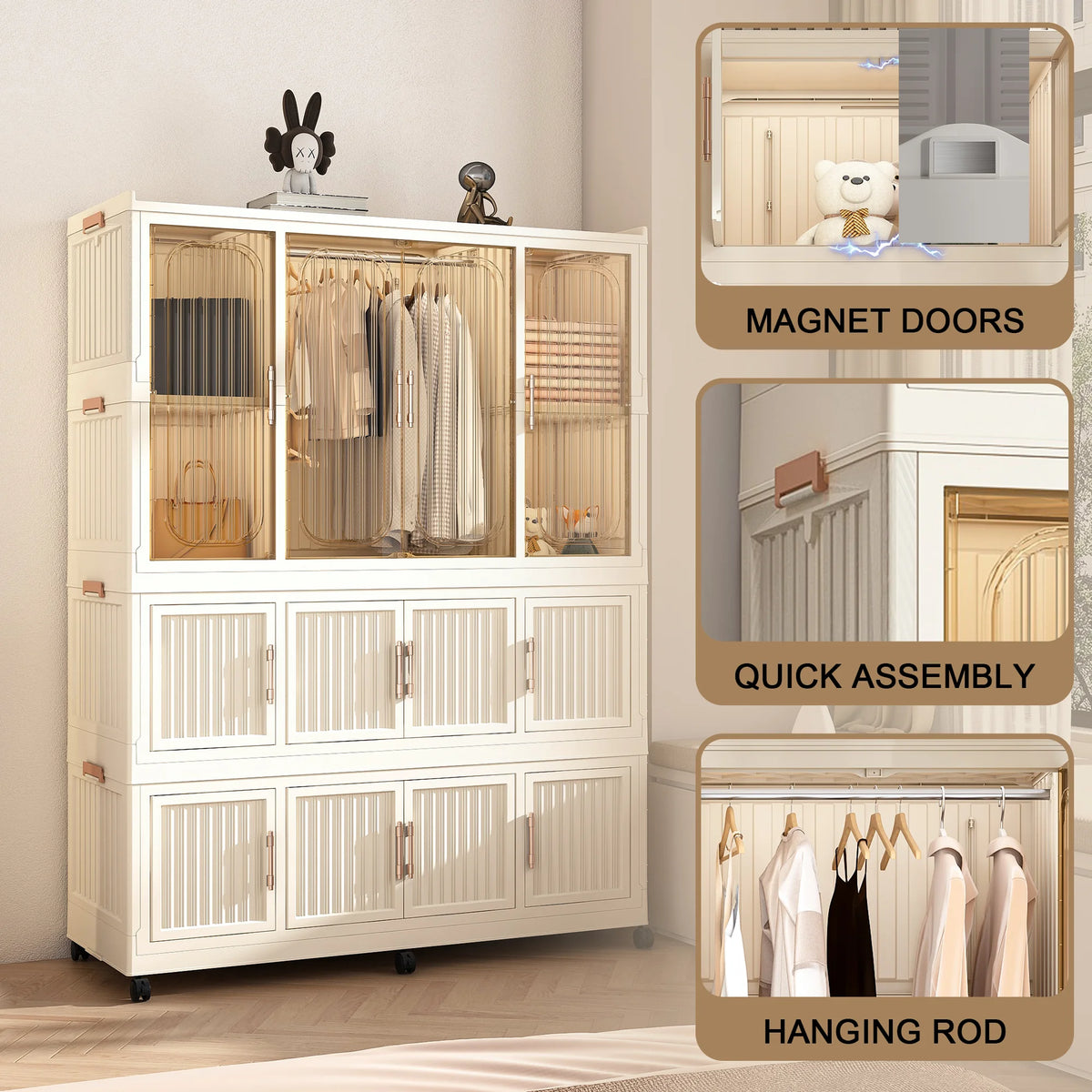 Penderie portable pour enfants Montary avec portes magnétiques et tringle – Meuble de rangement en plastique à 4 casiers pour chambre d'enfant