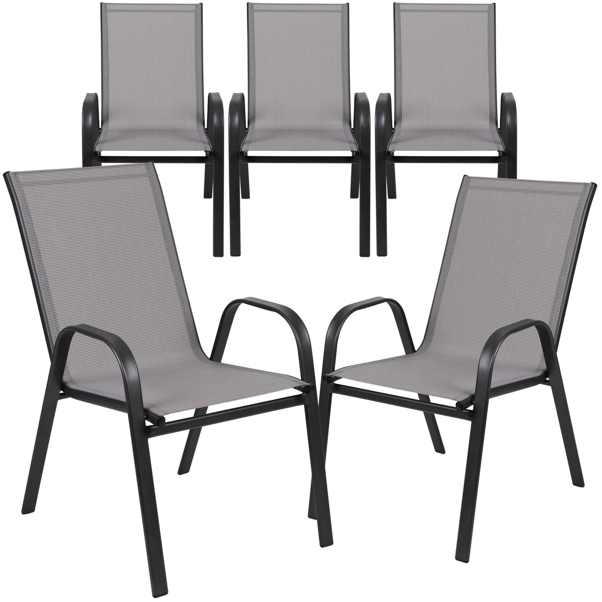 Lot de 5 chaises d’extérieur empilables BizChair noires avec matériau Flex Comfort et structure en métal