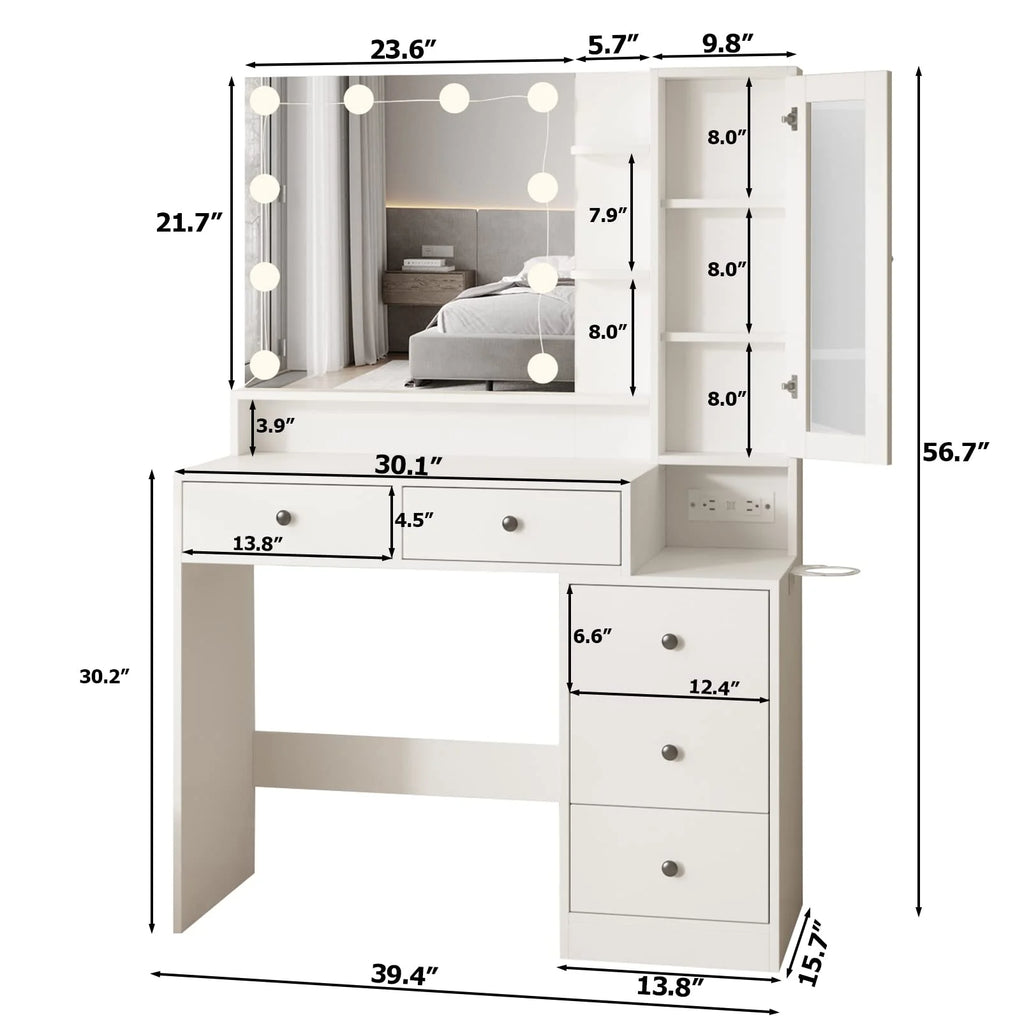 Coiffeuse VEANERWOOD avec miroir éclairé et bloc multiprise, table de maquillage moderne avec 5 tiroirs, blanc