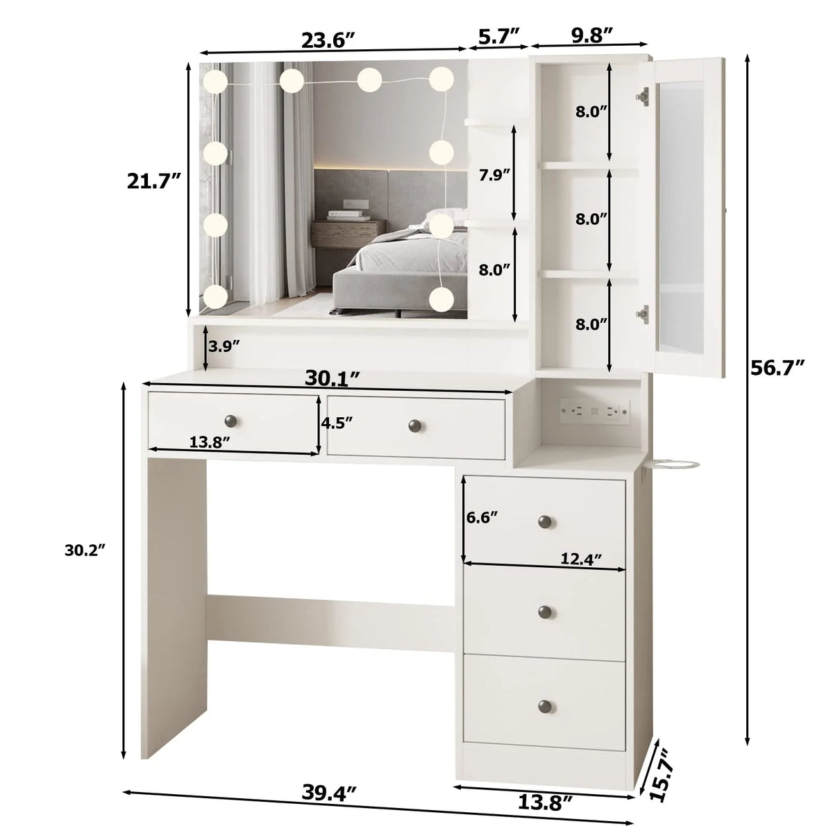 Coiffeuse VEANERWOOD avec miroir éclairé et bloc multiprise, table de maquillage moderne avec 5 tiroirs, blanc