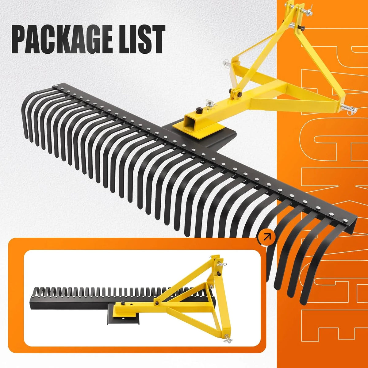 KOJEM Râteau paysage 60 po Râteau à 3 points Rotation à 360 degrés Compatible avec les tracteurs compacts Catégorie 1 Cat1 Outil de jardin remorqué pour jardin ferme Défrichage Râtelage de broussailles Arènes Lot de 2 Jaune