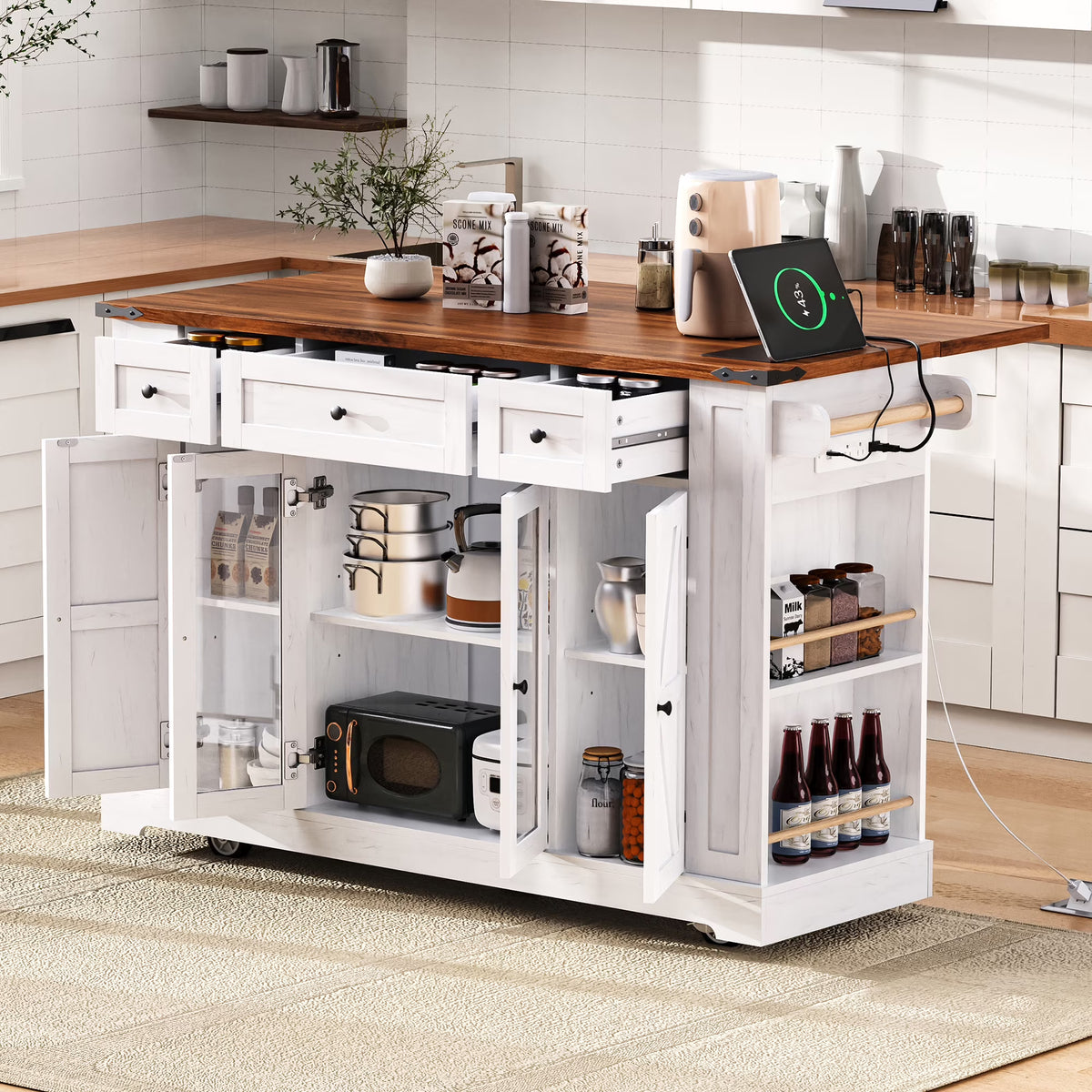 Euroco Îlot de cuisine style ferme de 53'' avec deux portes de placard en verre trempéDesserte de cuisine roulante sur roulettes