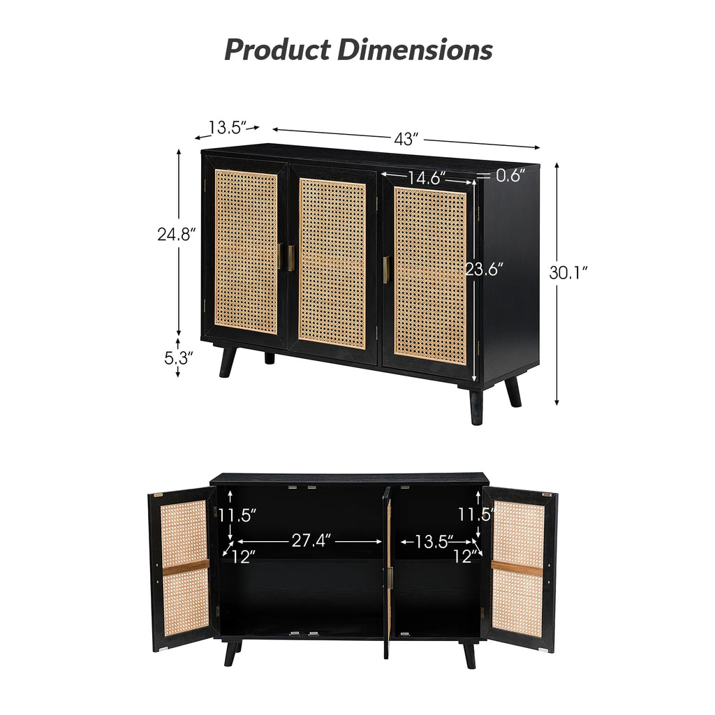 Buffet Boho en bois à 3 portes, meuble de rangement avec portes en rotin, noyer