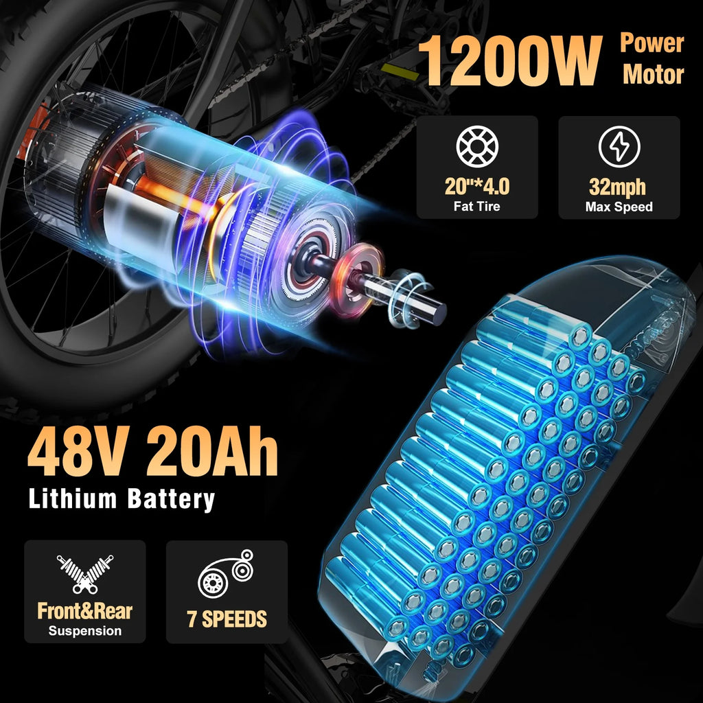 Vélo électrique Ridstar pour adultes, 1200 W, 32 mi/h, moto tout-terrain électrique 48 V 20 Ah, vélo de montagne à pneus larges de 20 pouces et 7 vitesses, UL2849