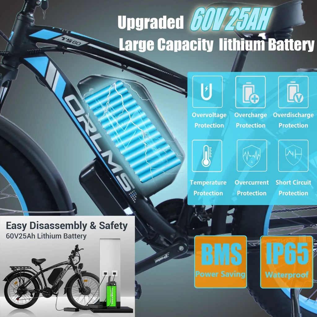 Peak 5000W-Electric-Bike for Adults-Men, Dual-Motor-Ebike 50MPH-Hunting-Ebike, 60V 25AH Long Range Dirtbike, 26 x 4.0 Fat-Tire-Electric-Bicycle,AWD 21-Speed Mountain Bike for Off-Road Snow Sand
