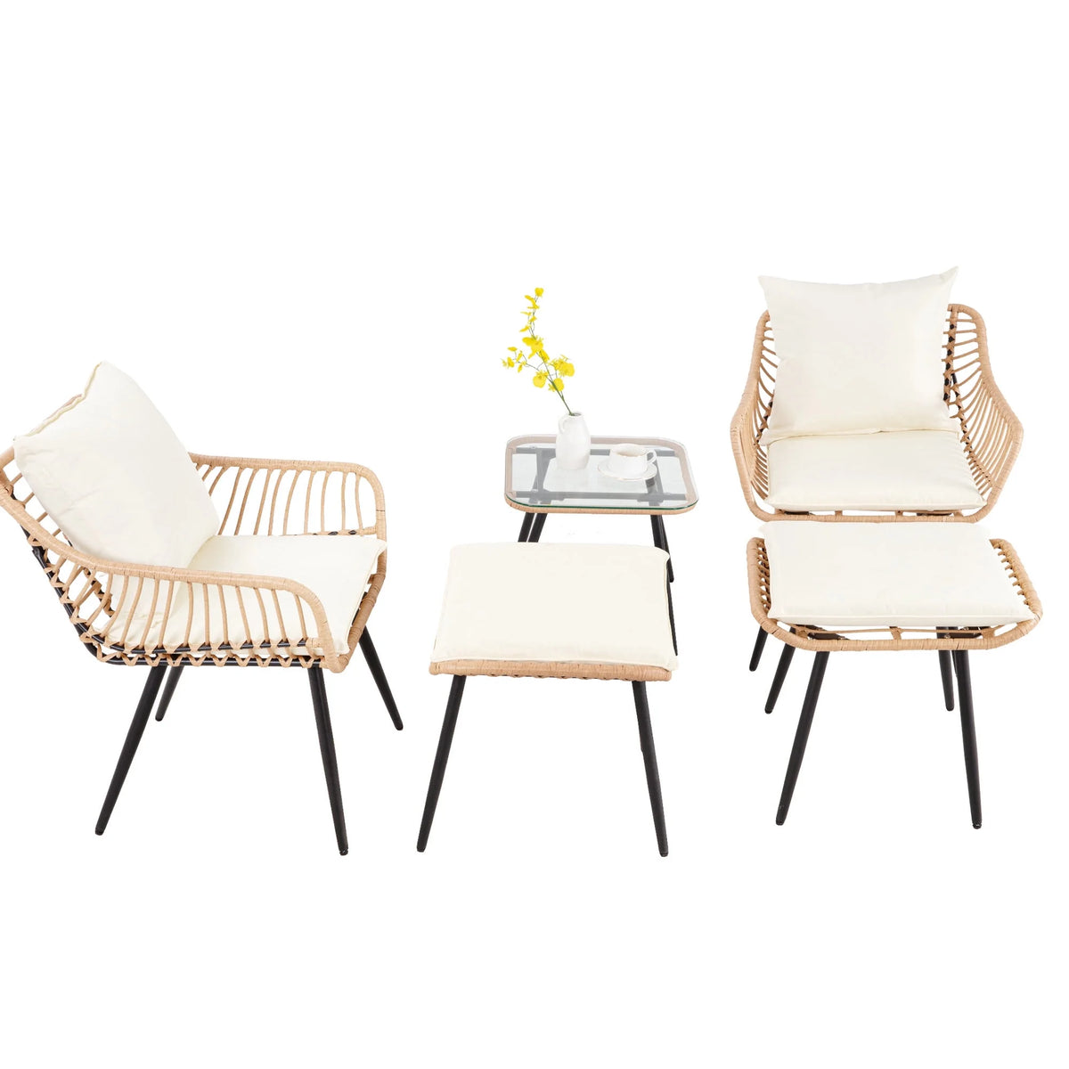 Salon de jardin Ainfox 7 pièces en promotion, canapé en rotin gris avec coussins gris