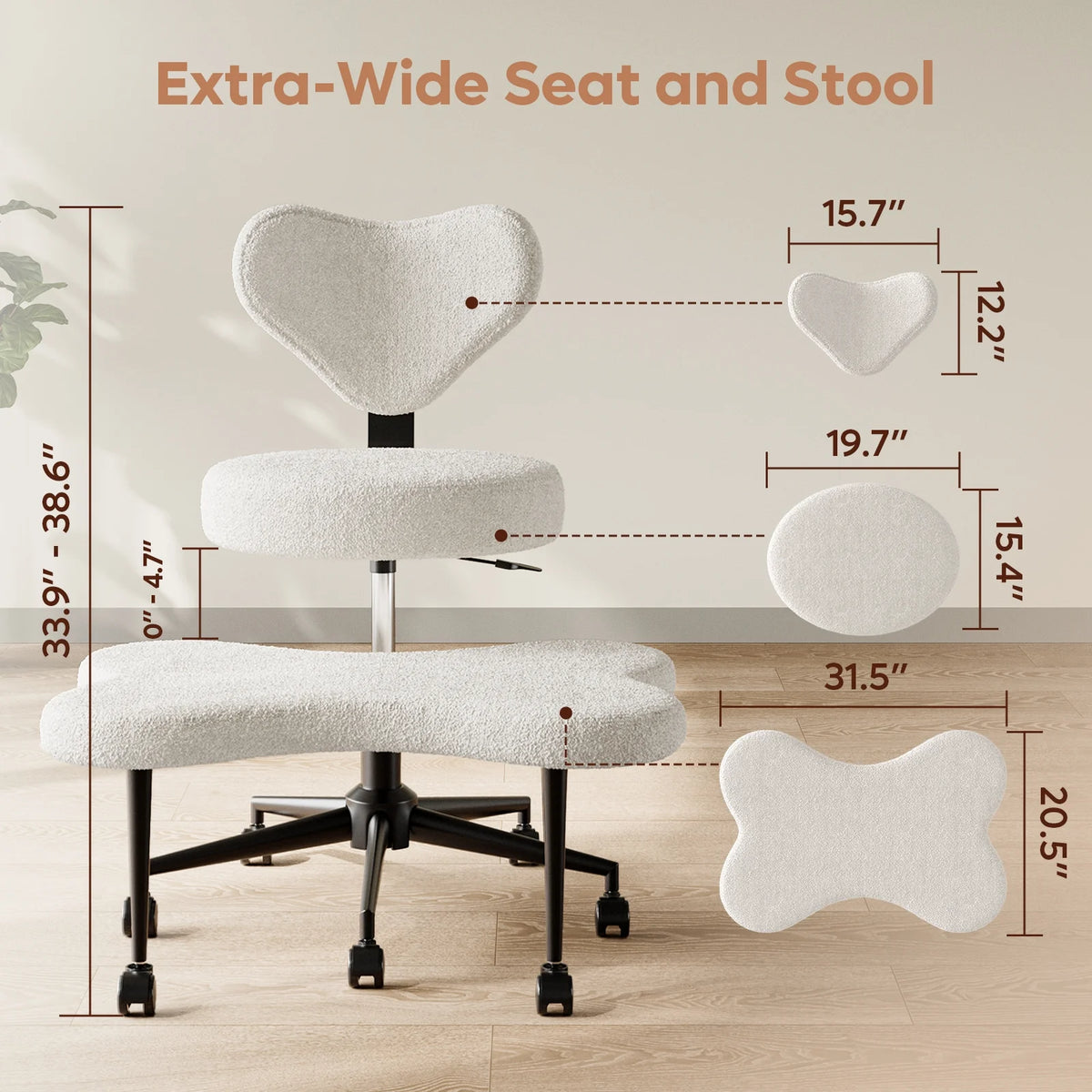 Chaise ergonomique pivotante pour position en tailleur Pinmoco, hauteur réglable et tissu bouclette, chaise de méditation et pour TDAH avec soutien dorsal, pour la maison et le bureau, blanc cassé