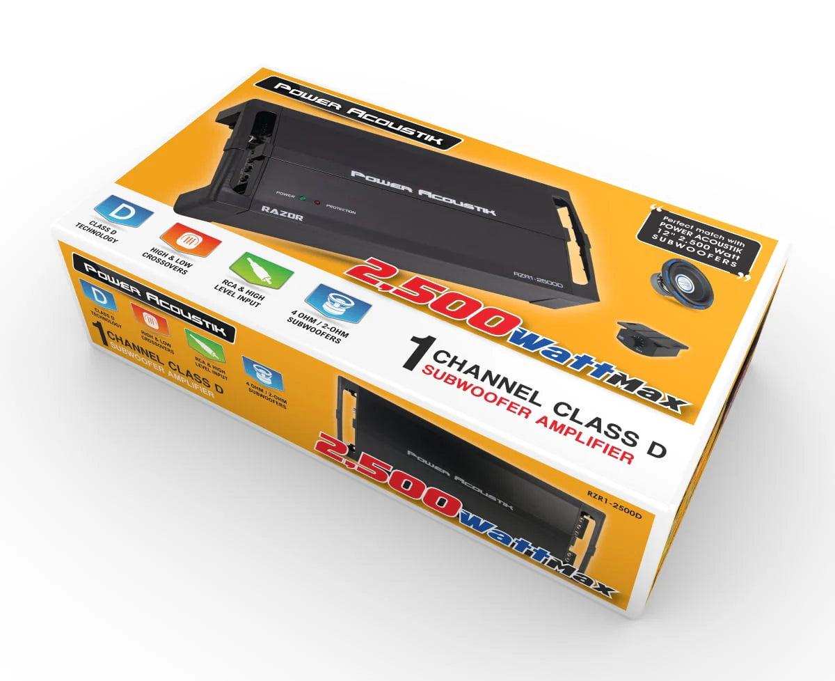 Amplificateur Power Acoustik RZR1-2500D | Amplificateur de caisson de basses 1 canal série RAZOR | Puissance maximale de 2 500 watts sous 2 ohms