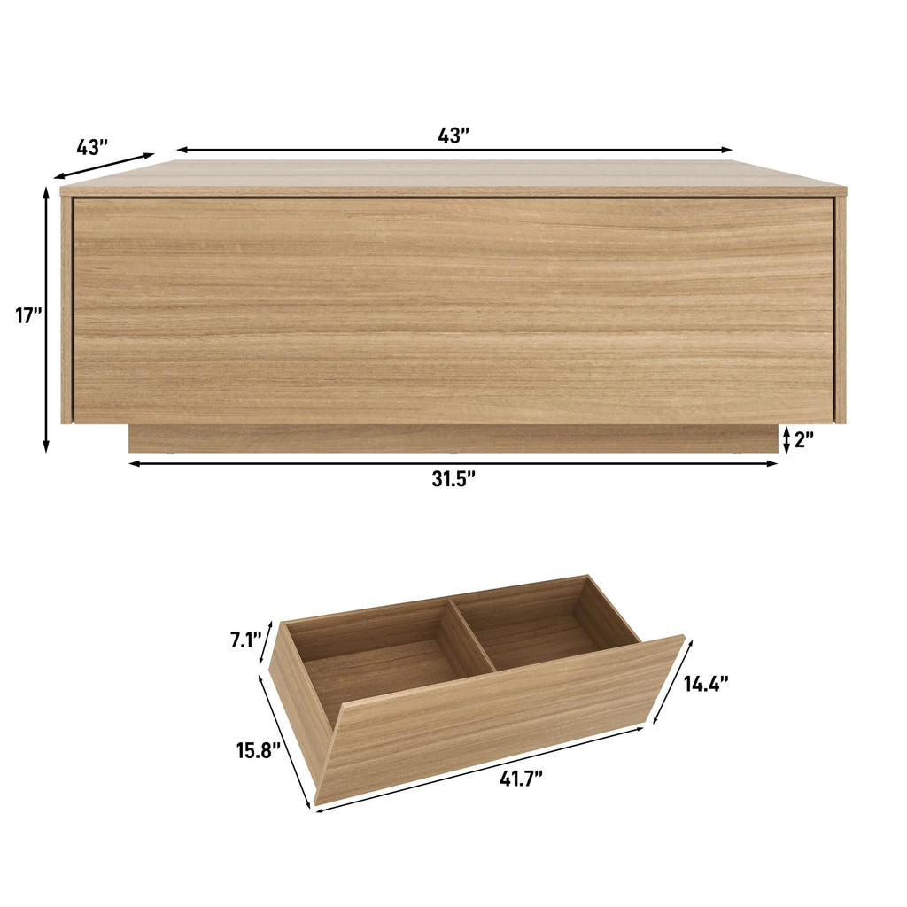 Table basse carrée Blotout avec 2 grands tiroirs, table basse Mid-Century Modern de 43 avec rangement, table basse en bois, table de salon avec rangement, grain de bois