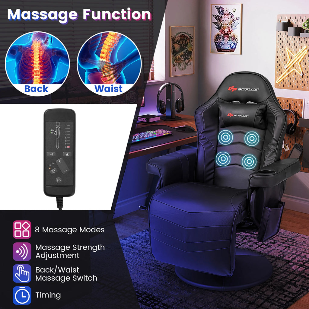 Fauteuil gaming inclinable Goplus avec massage, réglable en hauteur, pivotant, style racing, avec porte-gobelet, rouge