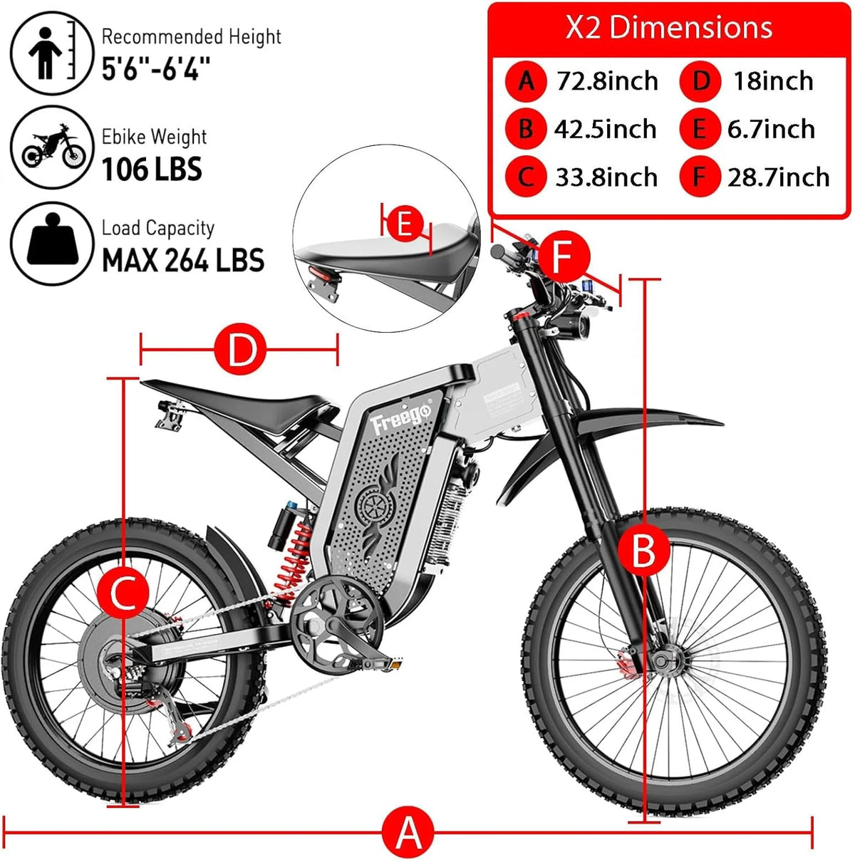 Moteur 6000W(Crête) Batterie 60V/35Ah, Moto électrique Freego X2Pro pour adultes, Vélo électrique  50MPH/7 Vitesses Vélo électrique tout-terrain, Suspension intégrale 19x2/Frein hydraulique à quatre pistons UL2849MTB