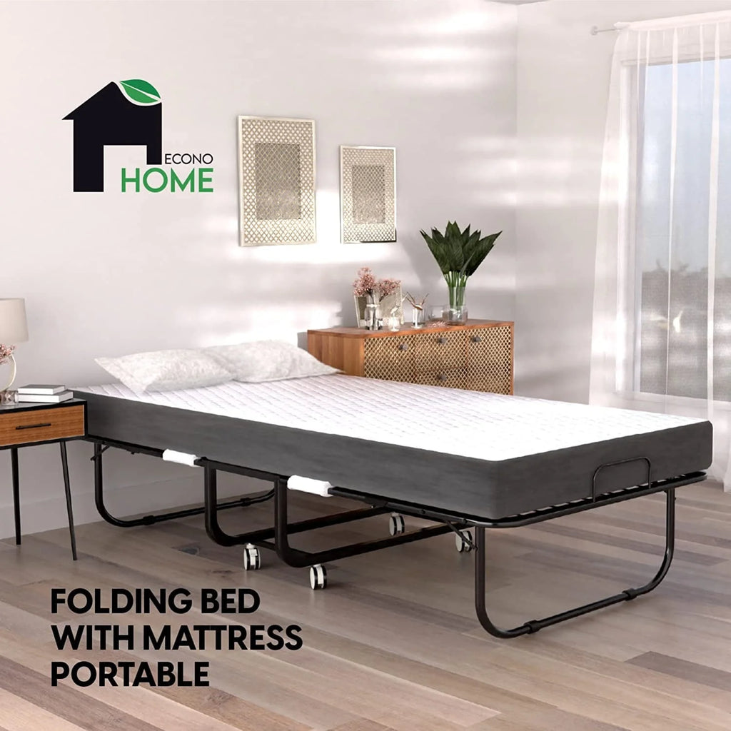 Lit pliant EconoHome avec matelas - Cadre de lit format lit de camp 75 x 31 - Lit d'appoint portable, pliable et roulant pour adultes - Matelas de camp en mousse à mémoire de forme de 12,7 cm d'épaisseur - Lit pliant gain de place facile à ranger