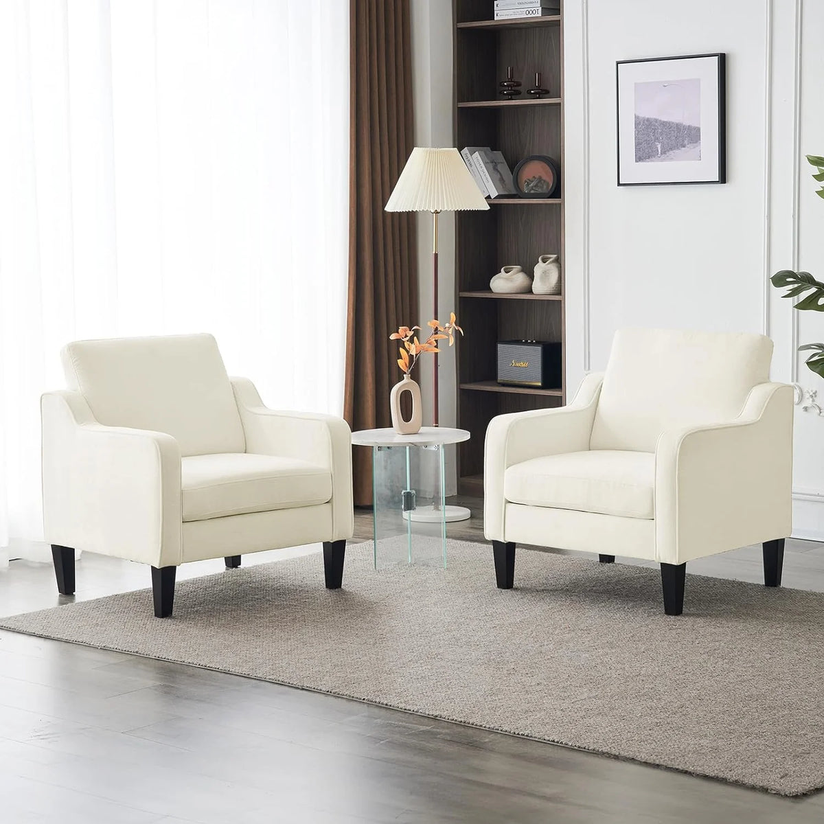 Fauteuil confortable en chenille VINGLI Mid-Century Modern, Blanc crème