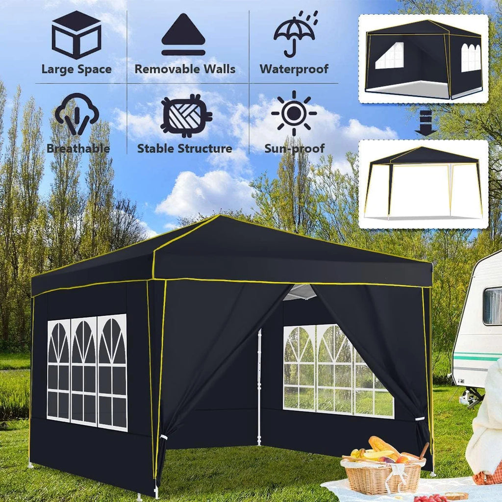 HOTEEL Chapiteau pop-up 10x10 avec murs latéraux, Tente imperméable pour fêtes et événements de mariage, Gazébo d'extérieur instantané avec sac de transport, piquets, cordes et sacs de sable, Noir