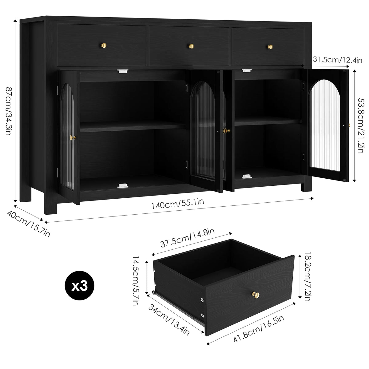 Homfa Grand buffet de 55'', meuble de rangement de cuisine avec 3 tiroirs et 4 portes vitrées, meuble bar en bois pour salon, blanc
