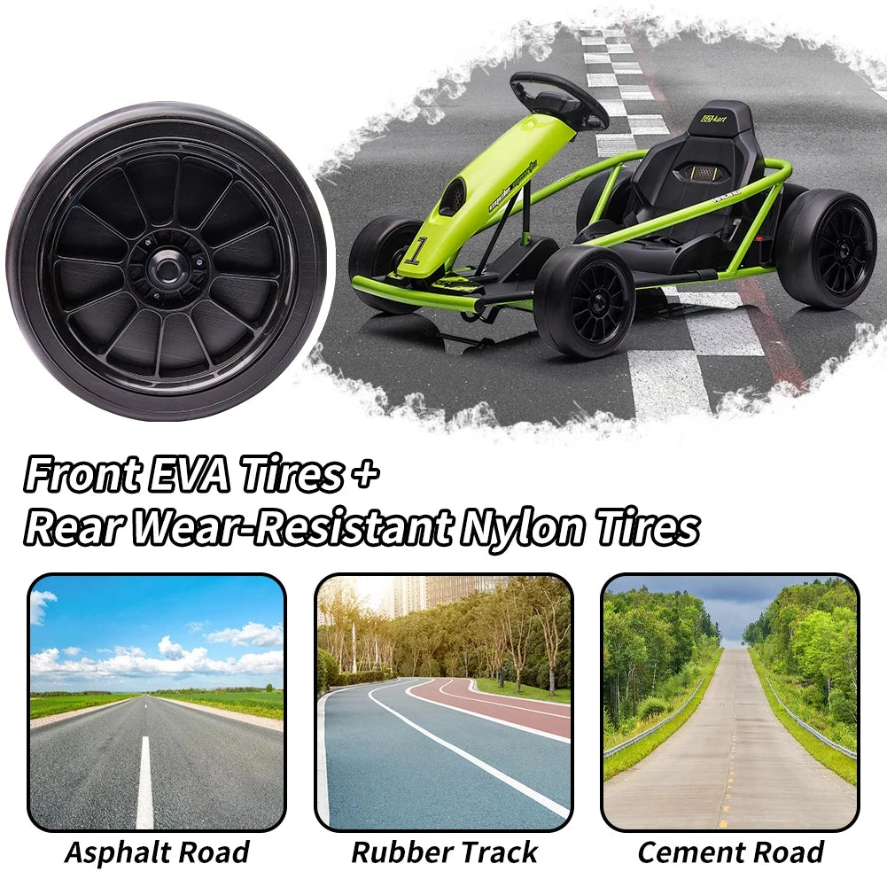 Kojooin Karting pour enfants, Batterie 24V Moteurs 300WX2 Karting à pédales à pied, Voiture de dérapage haute vitesse 8MPH avec fonction de démarrage progressif, Rouge rose