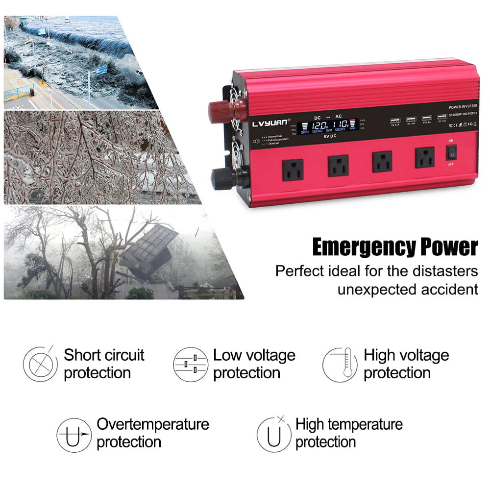 LVYUAN Onduleur de courant à onde sinusoïdale modifiée 3000 Watts 6000 Watts CC 12V vers CA 110V 120V Convertisseur pour voiture 4 ports USB 4 prises CA Télécommande