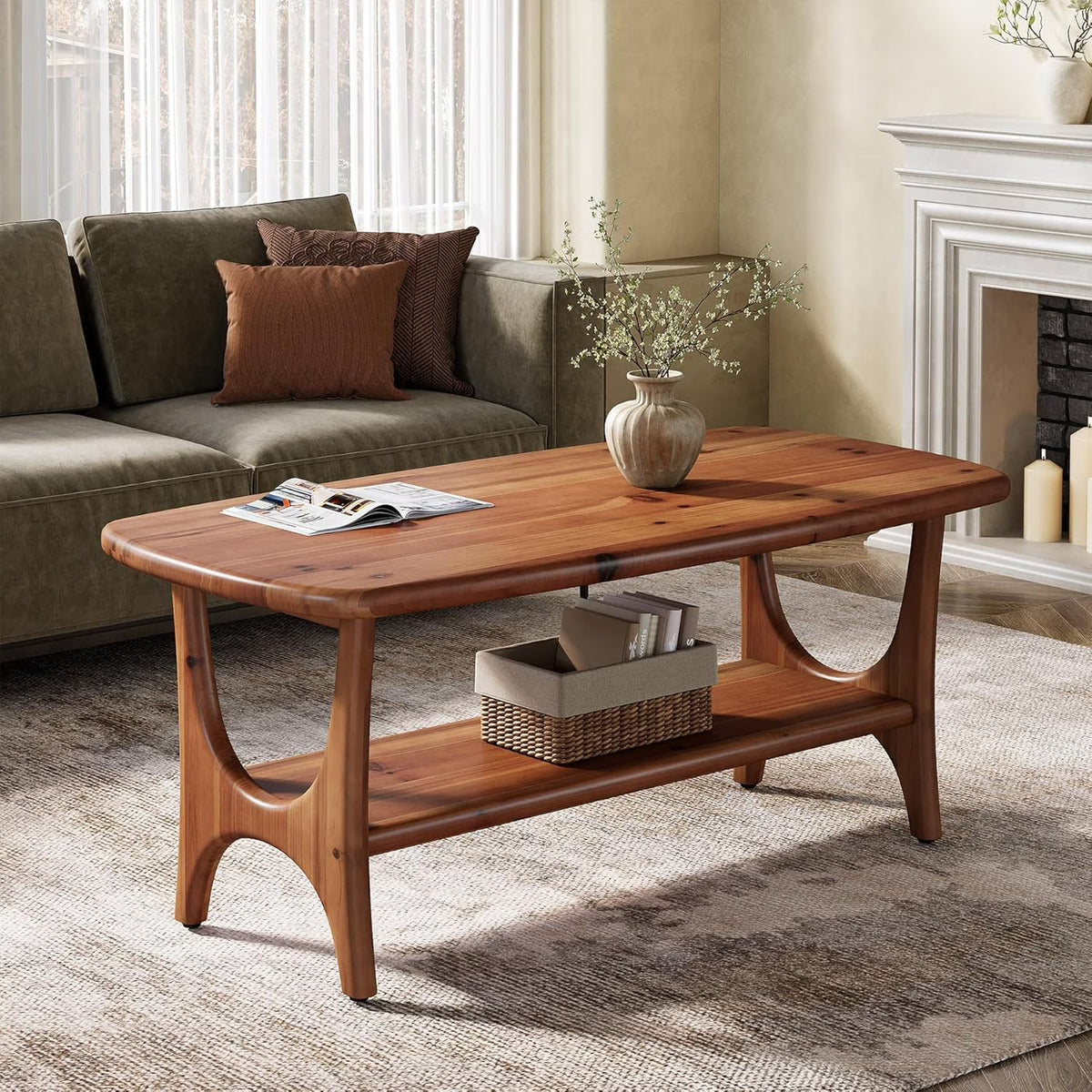 Table basse en bois massif Fimind, table basse rectangulaire moderne du milieu du siècle de 47,24 avec étagère de rangement à 2 niveaux pour salon, petits espaces