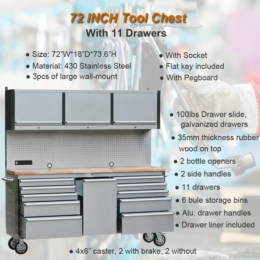 Caisson à outils de 72 pouces avec 11 tiroirs, armoire supérieure avec 3 portes et panneau perforé en acier inoxydable, grand établi mobile verrouillable avec 6 bacs de rangement bleus, boîte à outils pour garage et atelier (1 HTC7214W1 + 1 HTC7218W1)